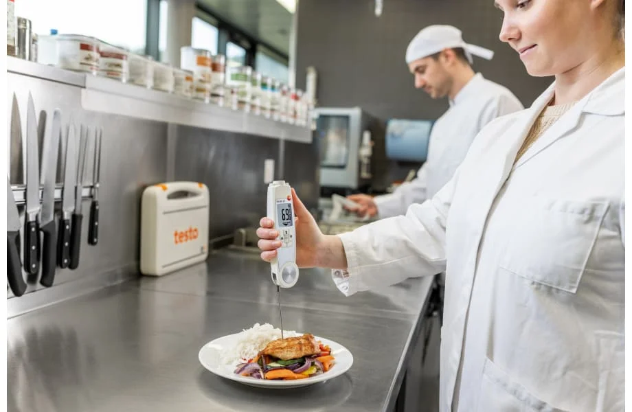 Contr&ocirc;le de la temp&eacute;rature d&rsquo;un aliment avec un thermom&egrave;tre &agrave; sonde en cuisine professionnelle