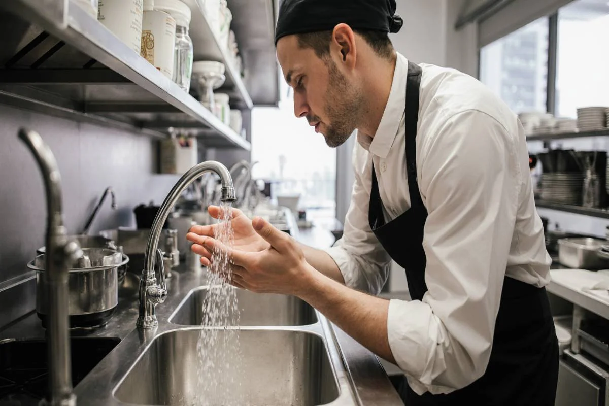 Lavage des mains dans une cuisine professionnelle pour pr&eacute;venir les contaminations alimentaires