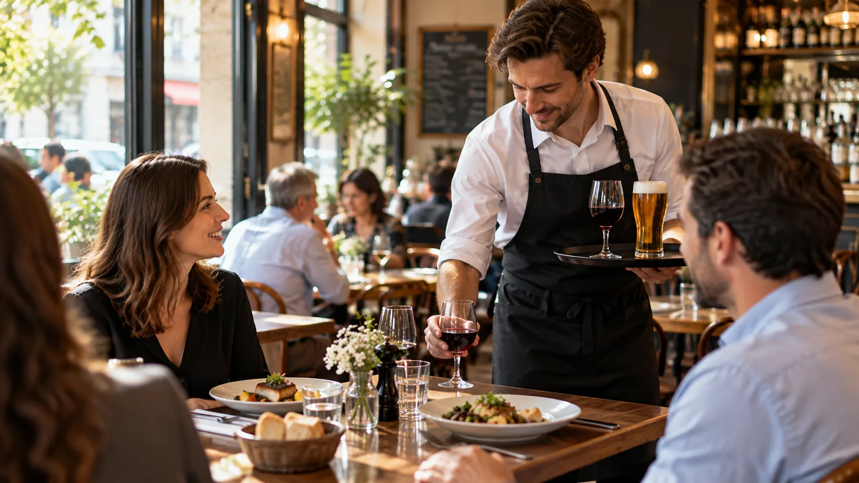 Serveur proposant du vin et de la bi&egrave;re &agrave; des clients pendant un repas au restaurant