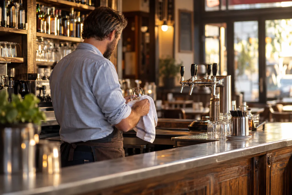 Gérant de bar derrière son comptoir