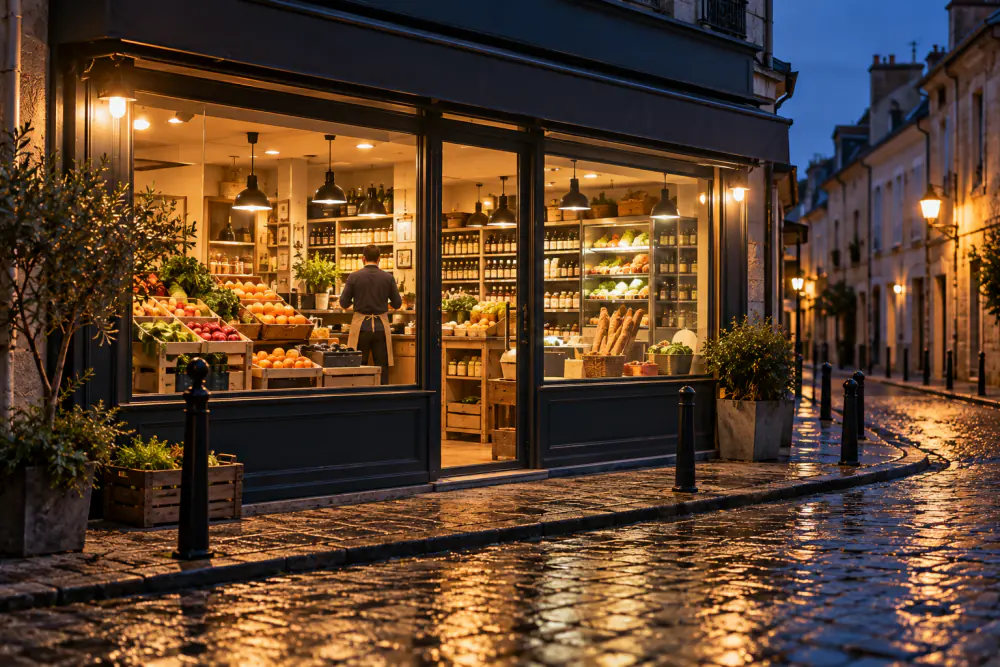 Devanture d’une épicerie de quartier à la tombée du jour