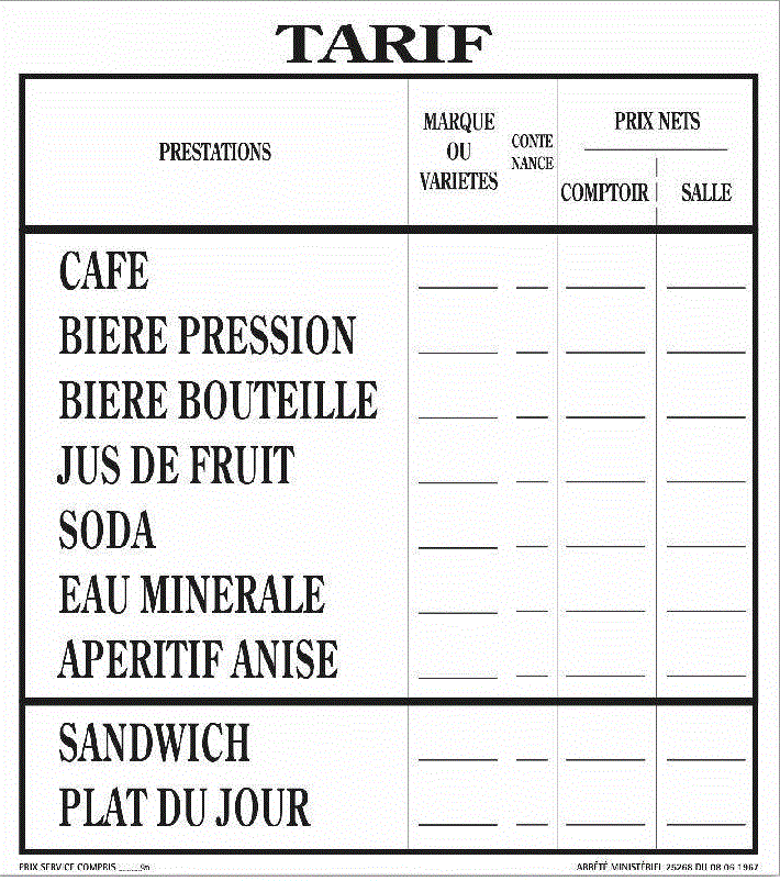 Tarif des boissons
