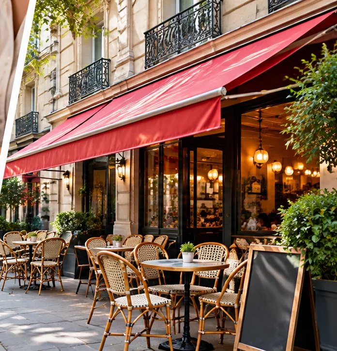 Terrasse de caf&eacute;-restaurant illustrant les v&eacute;rifications avant l&rsquo;ouverture d&rsquo;un d&eacute;bit de boissons